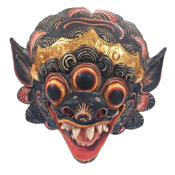 Hand-Carved Balinese Wooden Barong Mask With Intricate Details & Gold Accents Vi - Picture 3 of 9